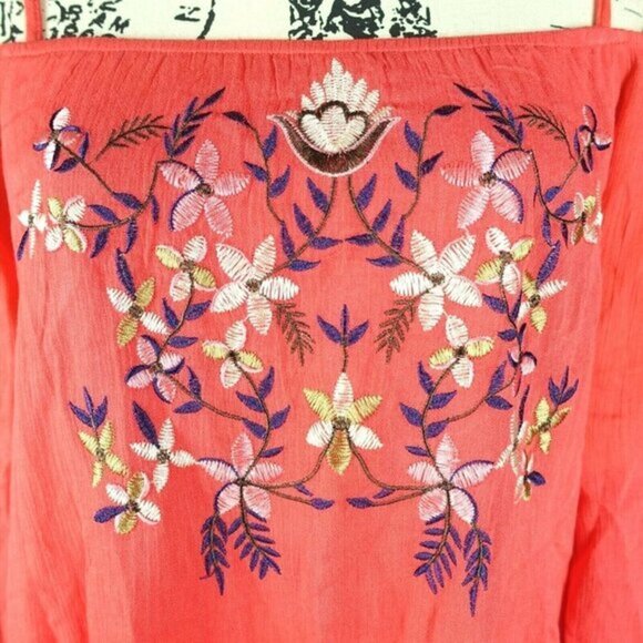 Rebellion Again Coral Boho Embroidered floral cold shoulder‎ shift dress Small - Picture 3 of 9